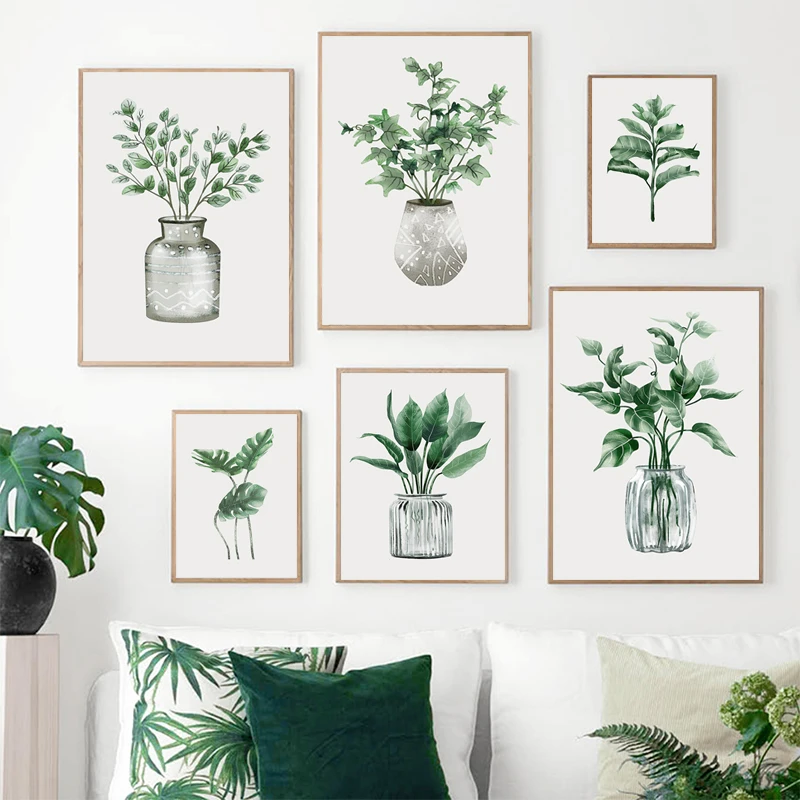 Simple Style Green Plant Wall Art Pictures Tropical Leaves Decorative Canvas Painting and Posters for Living Room Decoration