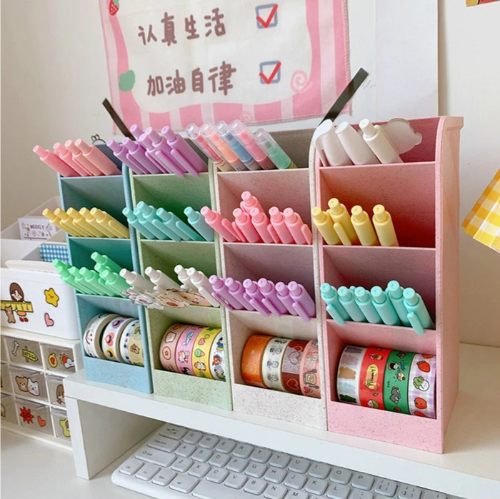 4 Grid Desktop Storage Box Macaron Color Pen Holder Pencil Makeup Brush Lipstick Storage Organizer Simple School Stationery