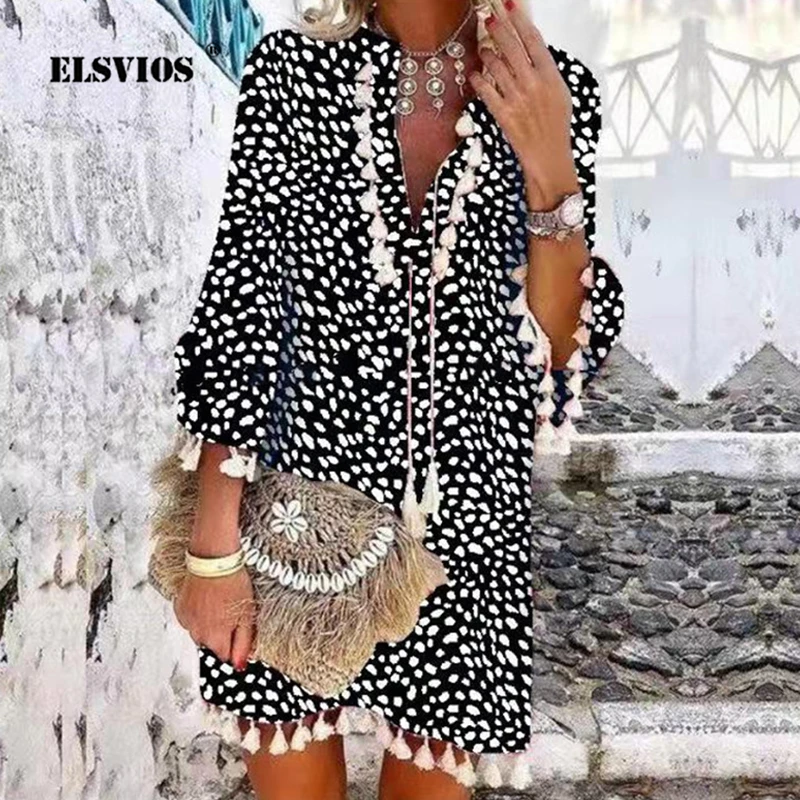 Vintage Daisy Floral Print Mini Dress Spring Summer Casual Loose Beach Dress Lady Elegant V Neck 3/4 Sleeve Tassel Party Dresses