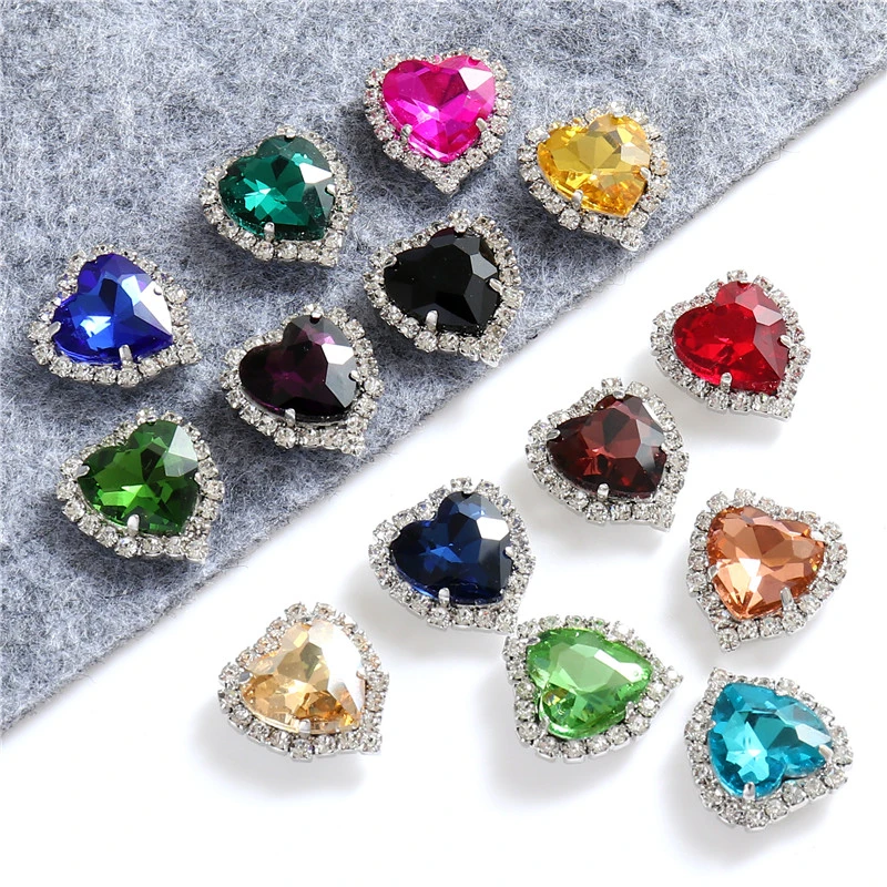 12mm 14mm Sewn Crystals Heart Glass Sew on Rhinestones With Silver Base Flatback Apparel Sewing Stones For Diy Clothing