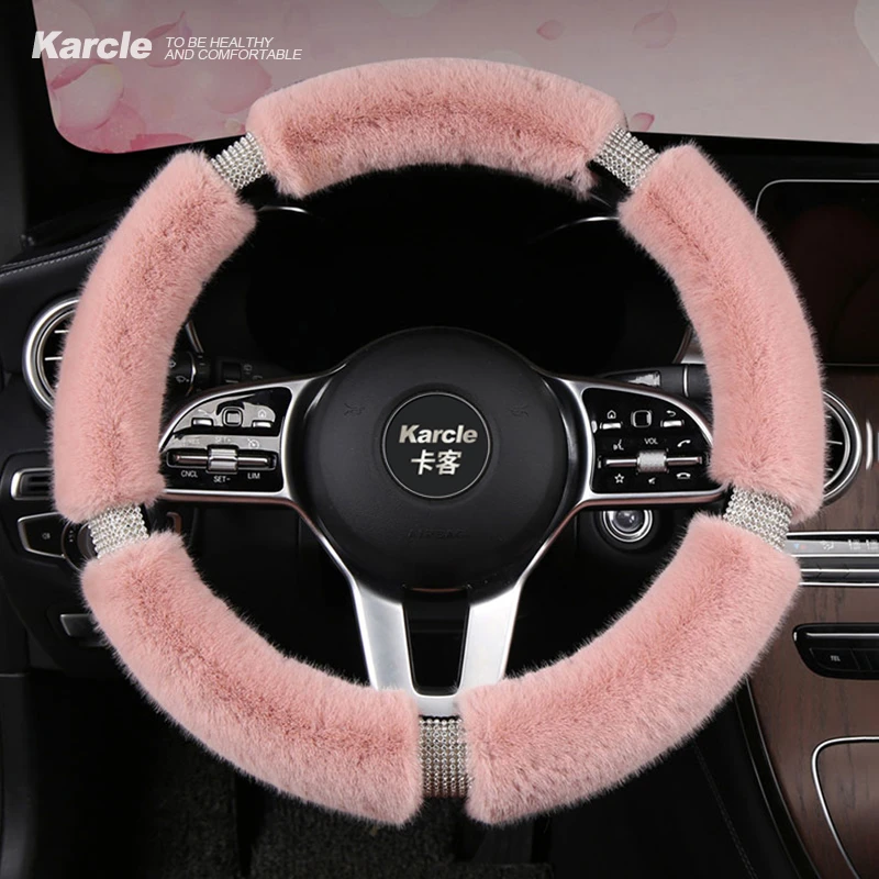 Karcle Fluffy Steering Wheel Cover with Bling Rhinestones Diamond Fur Furry Car Steering Covers Universal 38cm For Women Girl