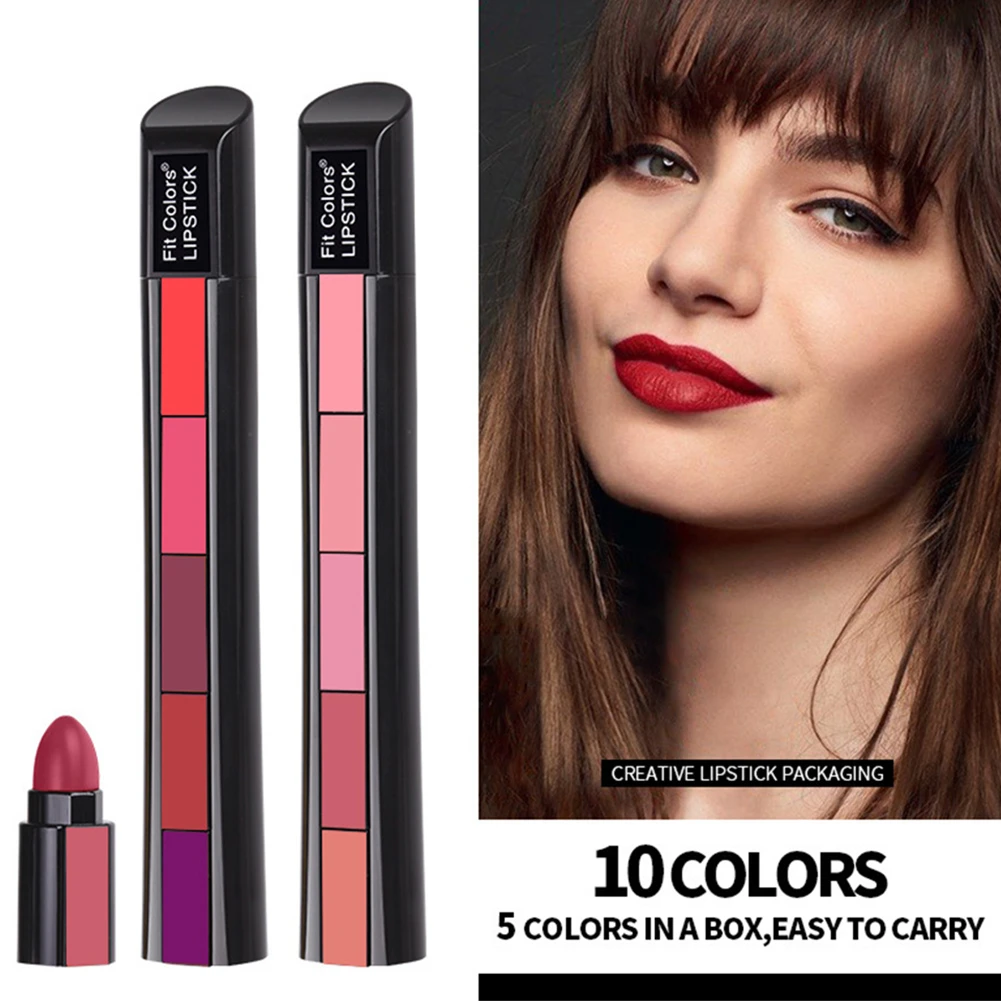 Matte Lipstick 5-in-1 Lipstick Set Highly Pigmented Long Lasting Lip Makeup Non-Stick Lipstick for Women