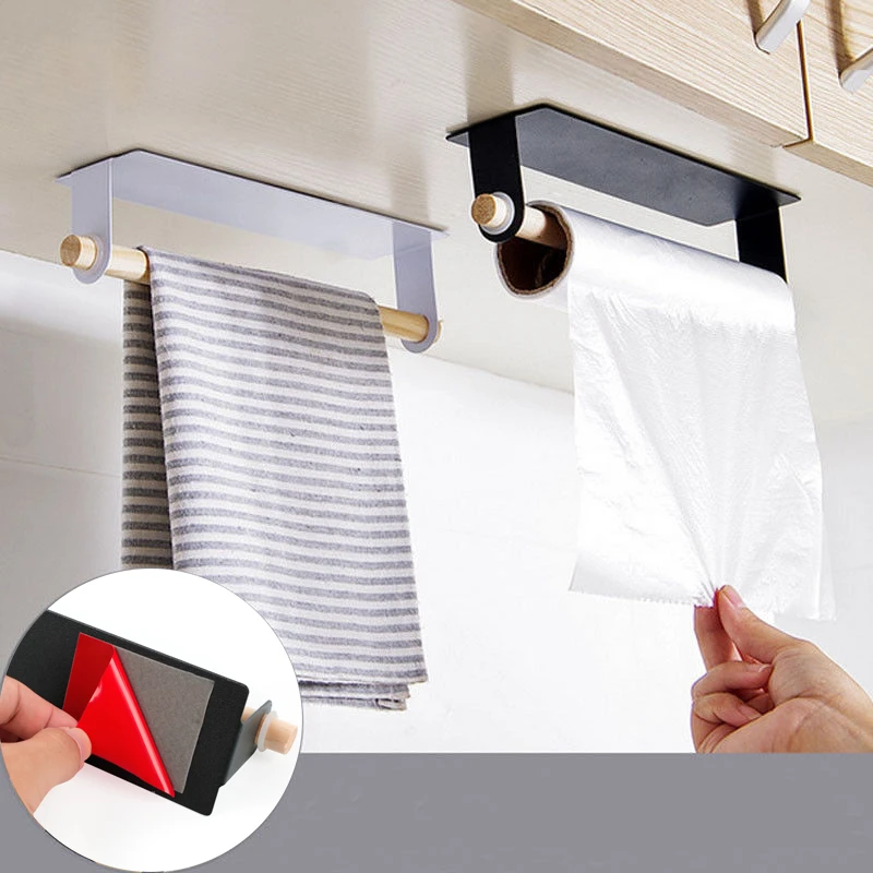 Bathroom Wood Towel Hanger Rack Bar Kitchen Cabinet Cling Film Rag Hanging Holder Organizer Toilet Roll Paper Holder Shelf