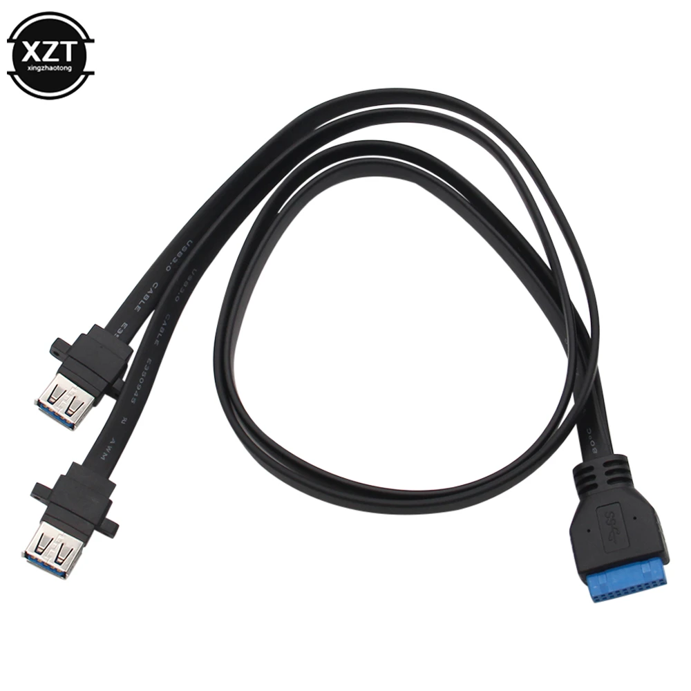 Dual USB 3.0 Female to 20 Pin Header Motherboard Adapter Cable 2 USB Screw Panel Mount Motherboard Flat Cable Cord 30/50/65/80cm