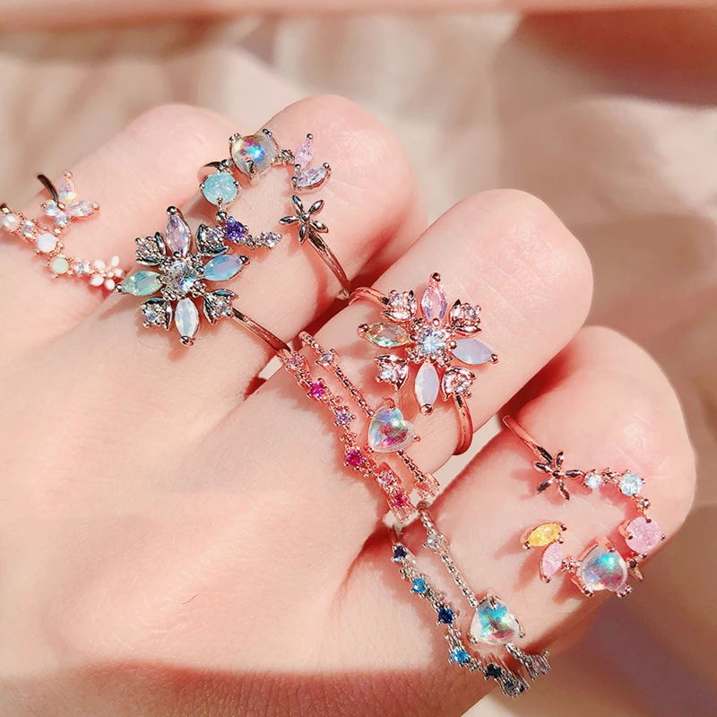 MENGJIQIAO Fashion Korean Delicate Zircon Heart Moon Adjustable Rings For Women Micro Pave Colorful Crystal Finger Ring Jewelry