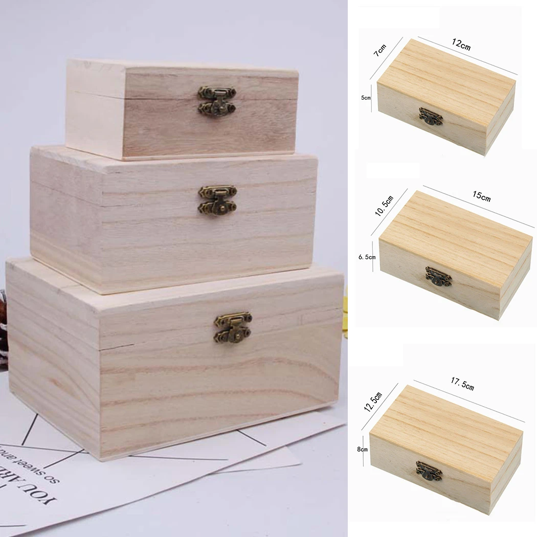 S/M/L Wooden Storage Box Plain Wood With Lid Multifunction Square Hinged Craft Gift Boxes For Home Supply Storage Decoration