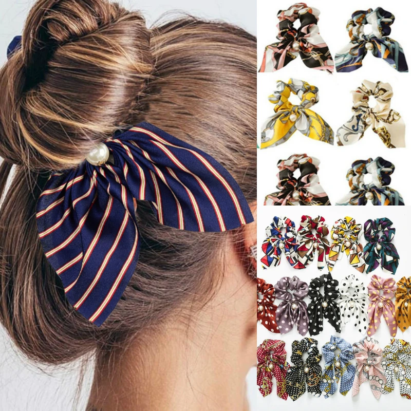 MINHIN New Chiffon Bowknot Silk Hair Scrunchies for Women Cute Pearl Ponytail Holder Hair Rope Rubber Bands Hair Accessories