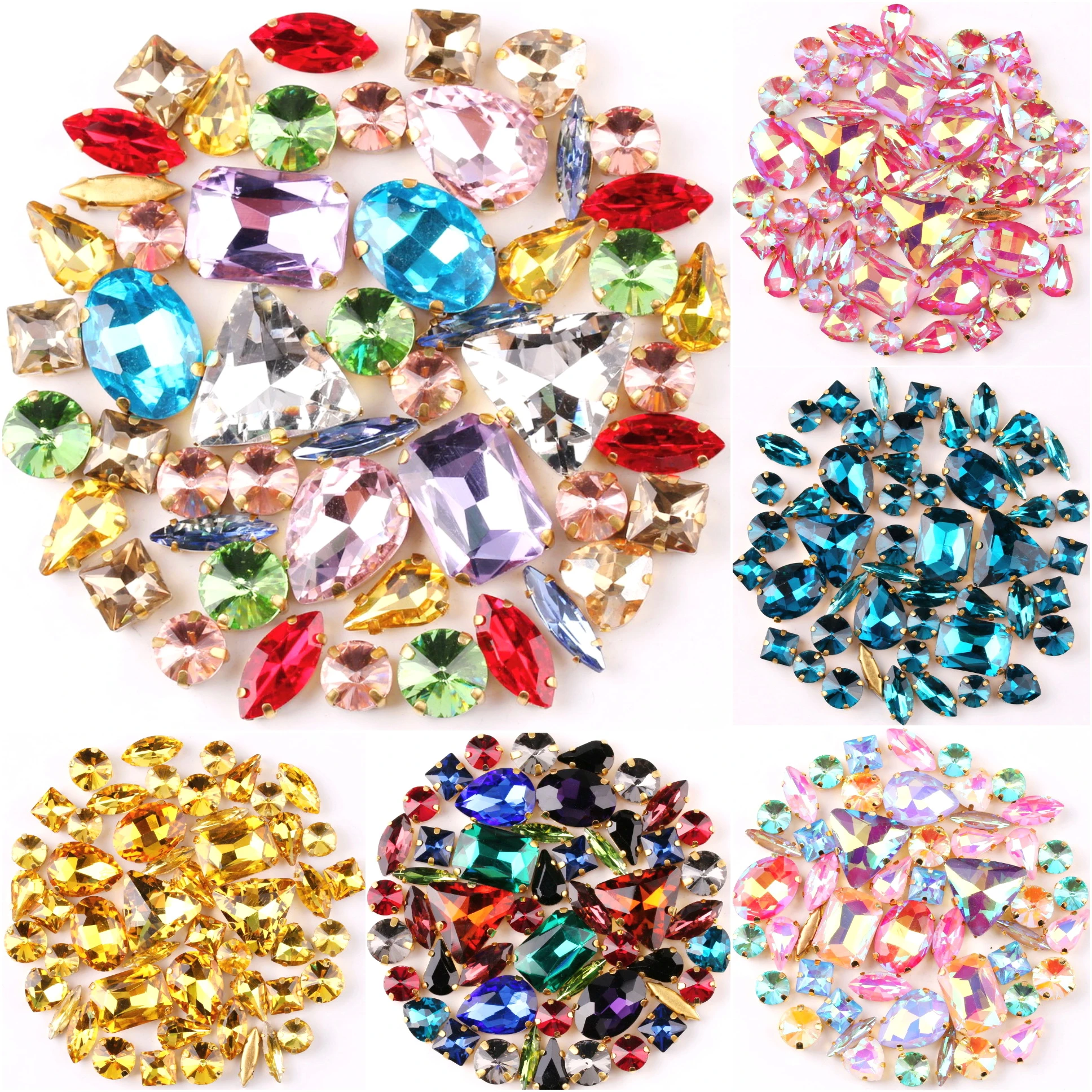 Gold claw setting 50pcs/bag shapes mix clear & jelly candy AB glass crystal sew on rhinestone wedding dress shoes bags diy trim