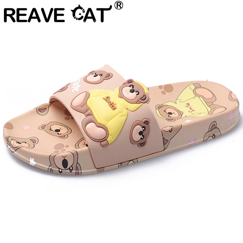 REAVE CAT New 2021 Women Slippers Open Toe 2cm Heels Cute Cartoon Bear Stylish Soft Comfort Non-Slip Bathroom Summer A3769