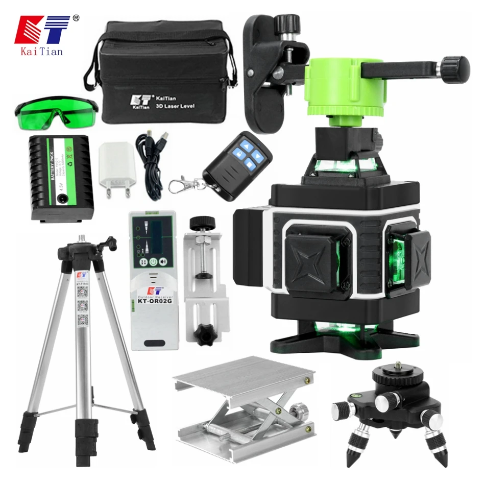 Kaitian Laser Levels Tripod Green 16 Lines 4D Self Leveling Vertical&Horizontal Powerful 360 Bracket Nivel Level Lasers Receiver