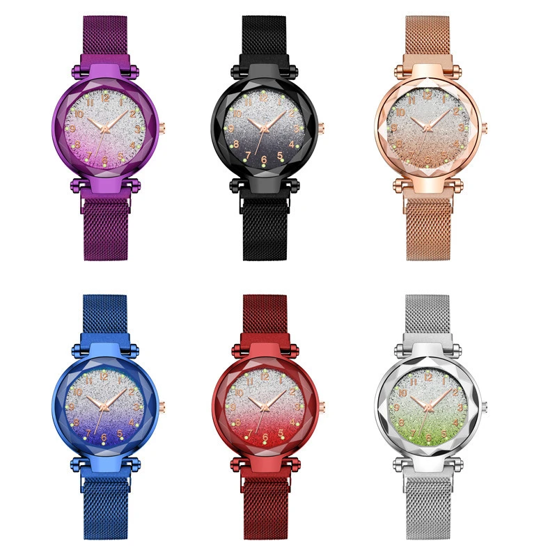 New Classic Women Magnet Buckle Gradient Starry Sky Luminous Arabic Number Watch Luxury Ladies Stainless Steel Quartz Watch Gift