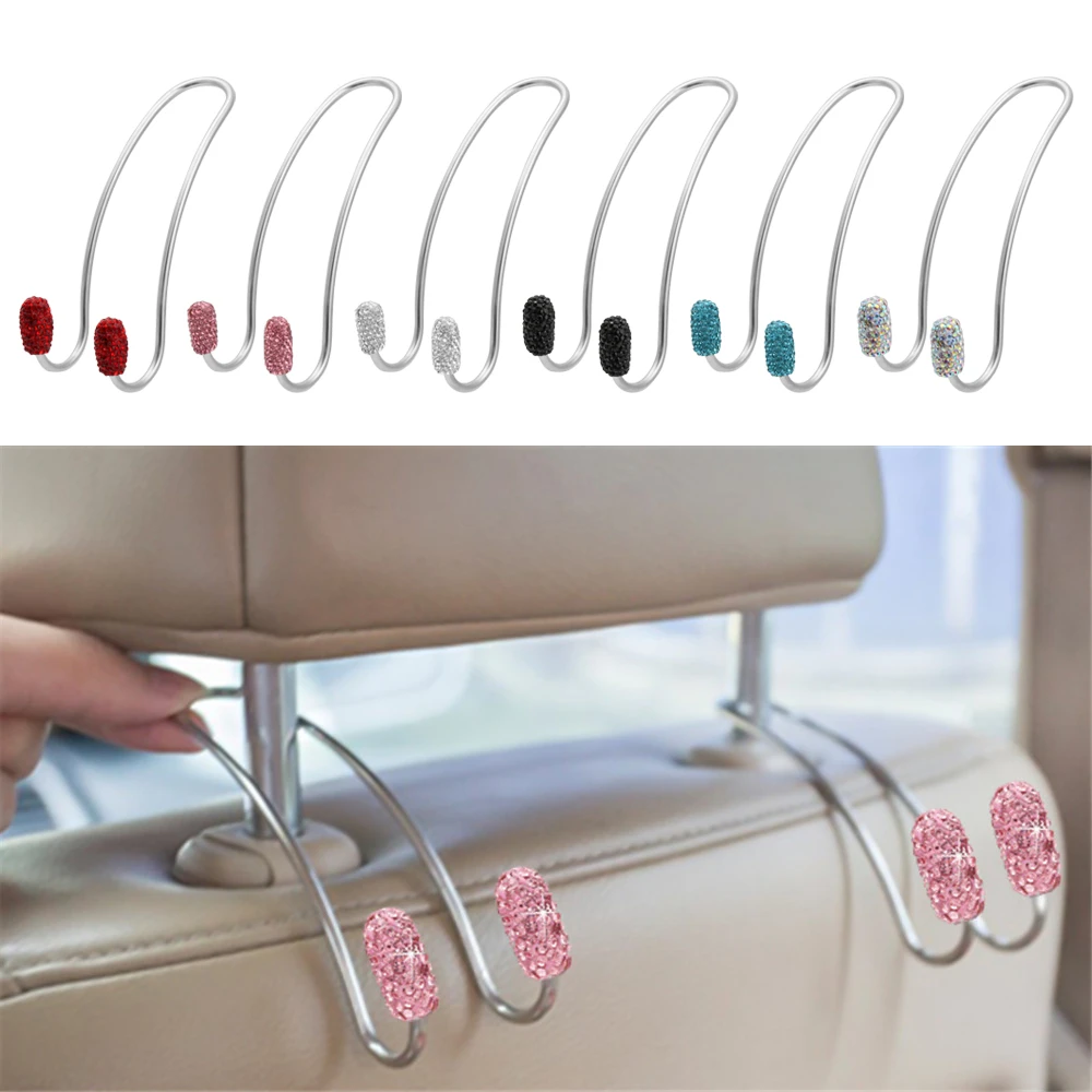 2 Pack Universal Seat Back Organizers Bling Diamond Car Headrest Bag Hangers Strong Durable Auto Back Seat Storage Hooks