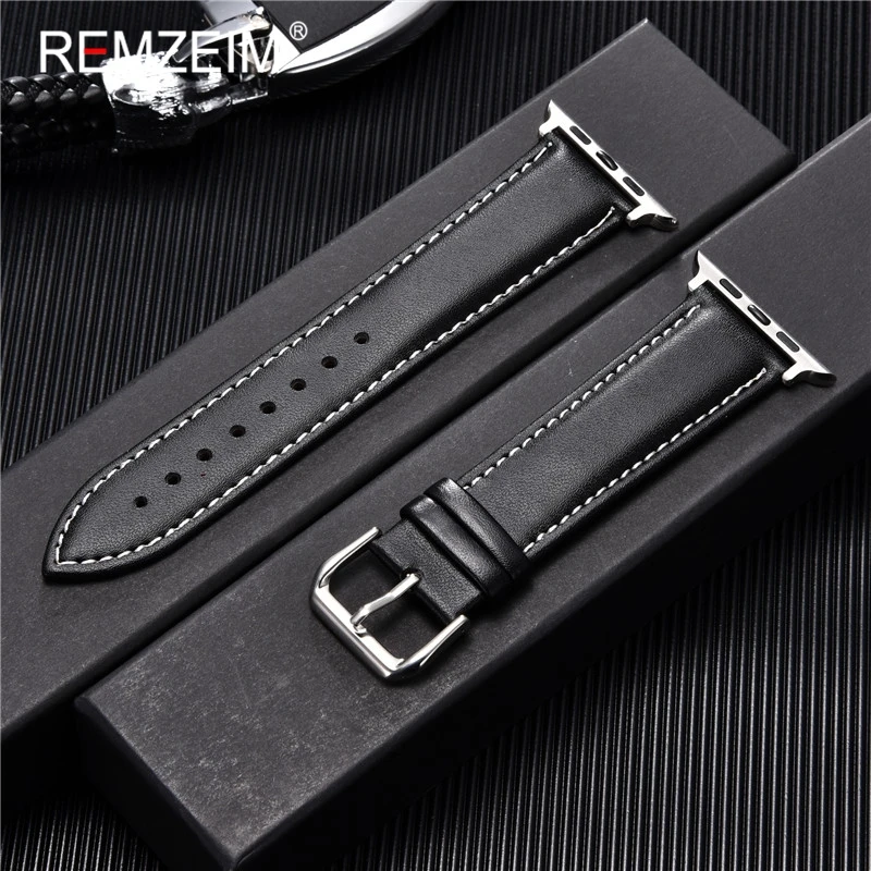 REMZEIM Cowhide Leather Strap for Apple Watch Band 44mm 40mm iwatch 6 5 4 3 2 1 Wristband 42mm 38mm bracelet Watch Accessories