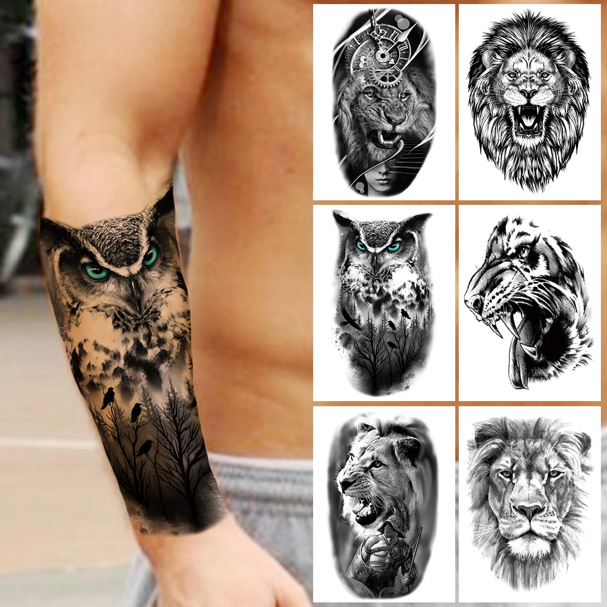 Owl Forest Temporary Tattoo For Men Women Kids Boys Lion Fake Monster Tattoos Sticker Compass Black Water Transfer Tatoos Arm