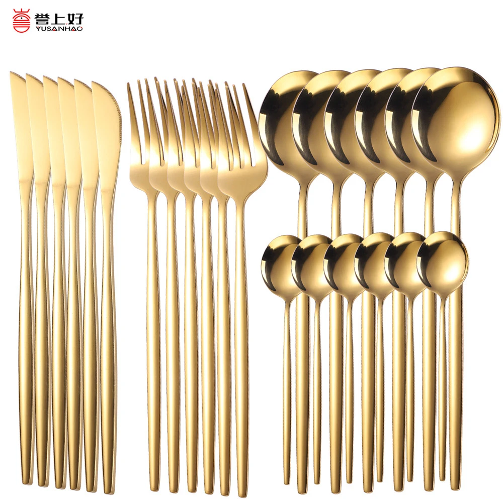 18/10 Gold Dinnerware Set 24pcs Stainless Steel Tableware Set Knife Fork Spoon Flatware Set Dishwasher Safe Cutlery Set Gift Box