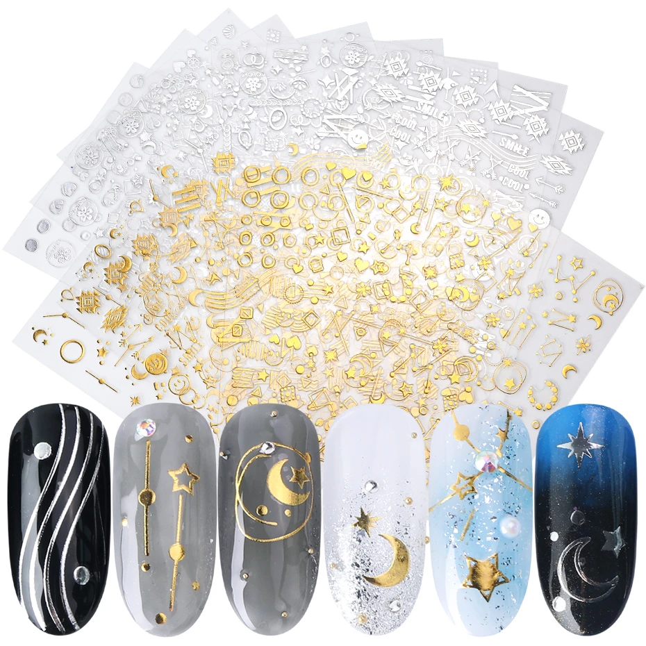 1pcs 3D Gold Silver Nail Art Sticker Embossed Star Moon Starry Designs Adhesive Transfer Sliders Manicure Decoration JICB133-141