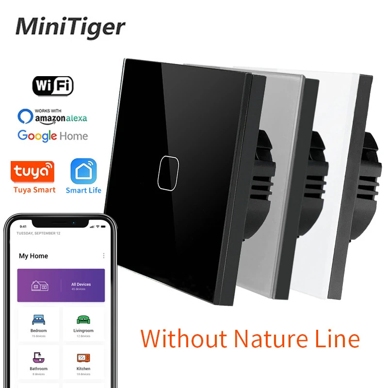 Minitiger Crystal Glass Switch Panel 1 2 3 Gang 1 Way Smart Light Switch Controler Single Fire Line Smart Home Touch Switch