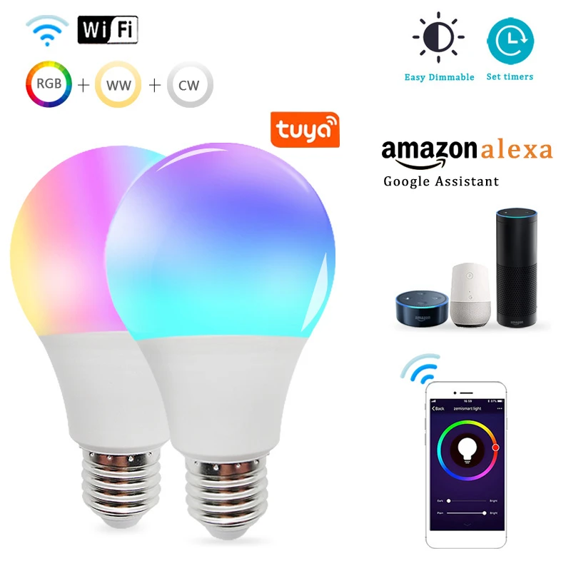 Smart WiFi Light Bulb 10w 15w Color Changing Light E27 RGB LED Bulb Dimmable Alexa Compatible Tuya Smart Life APP Google