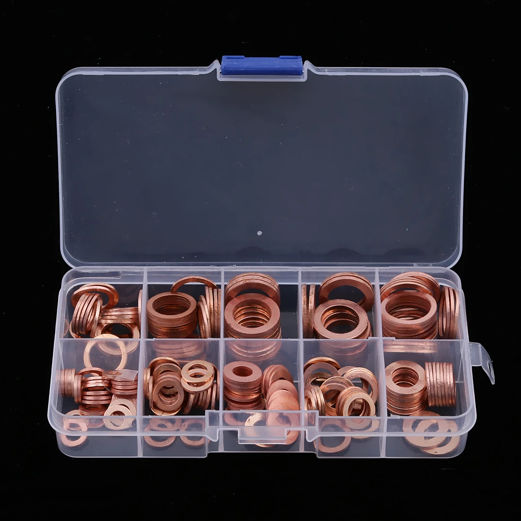 200Pcs Copper Washer Gasket Nut Bolt Sealing Ring Solid Gasket Assortment Kit  with Box Car Engine Oil Gasket Sump Plug 9 Size
