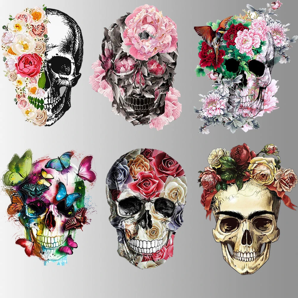 New Flower Skull Patches Iron On Clothing Heat Transfer Thermal Sticker DIY Washable T-Shirts Iron On Transfer Stripe On Clothes