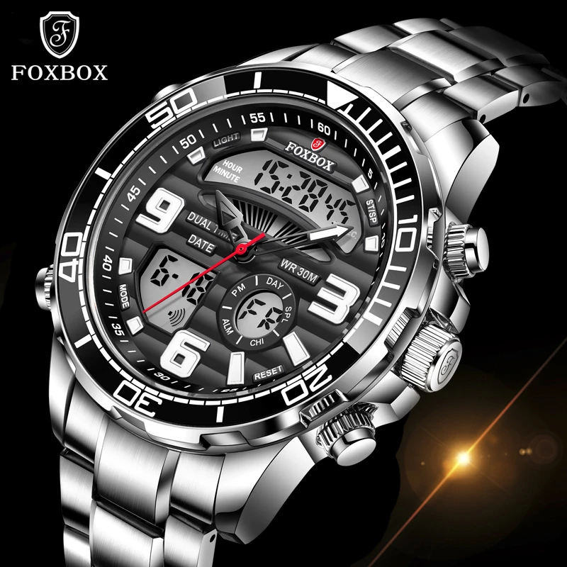 Mens Watches 2021 New FOXBOX Dual Display Stainless Steel Sport Wrist Watch For Men Waterproof Date Clock Relogio Masculino+Box