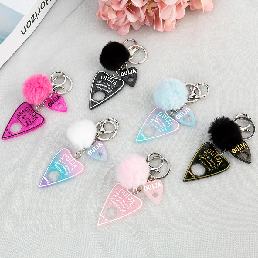 1PC Women Ouija Planchette Keychain Resin Pompom Charms Handbag  Keyring With Puffer Ball Punk Board Crafts