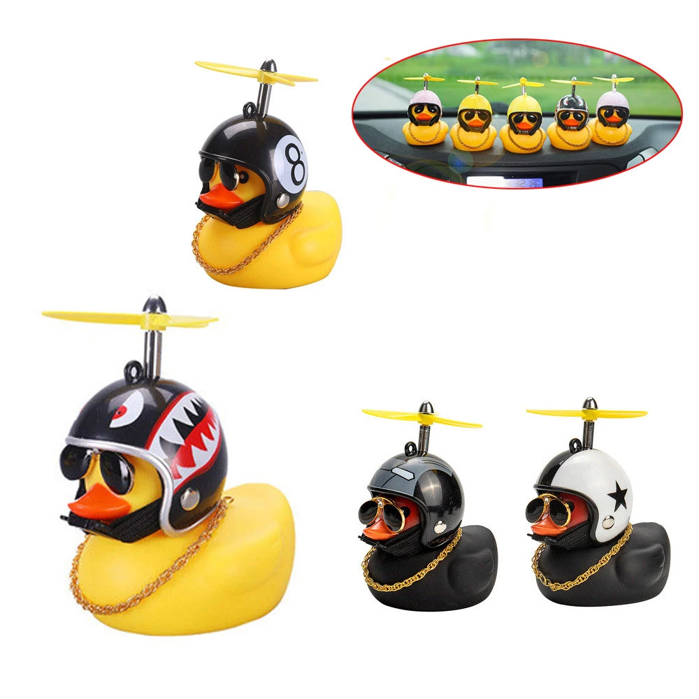 Cute Rubber Duck Toy Car Ornaments Yellow Duck Car Dashboard Decorations Cool Glasses Duck with Propeller Helmet Car Ornaments