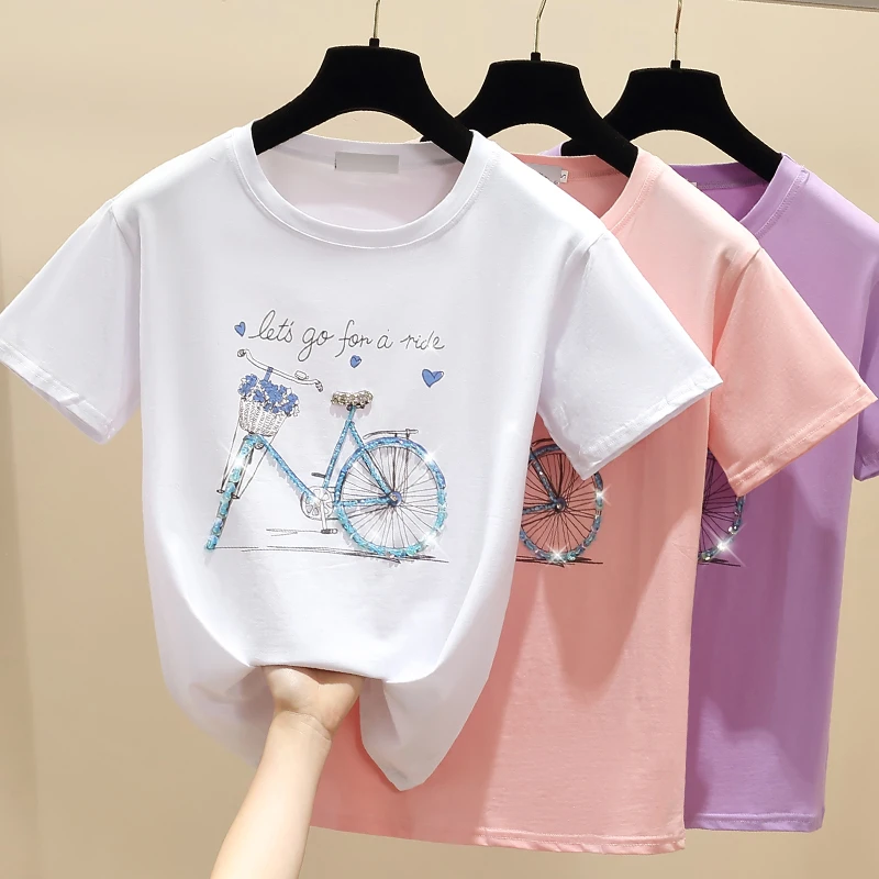 gkfnmt Beading Print Pink T Shirt Summer Short Sleeve Women Top White Tshirt Cotton Korean Style T-shirt Women Clothes