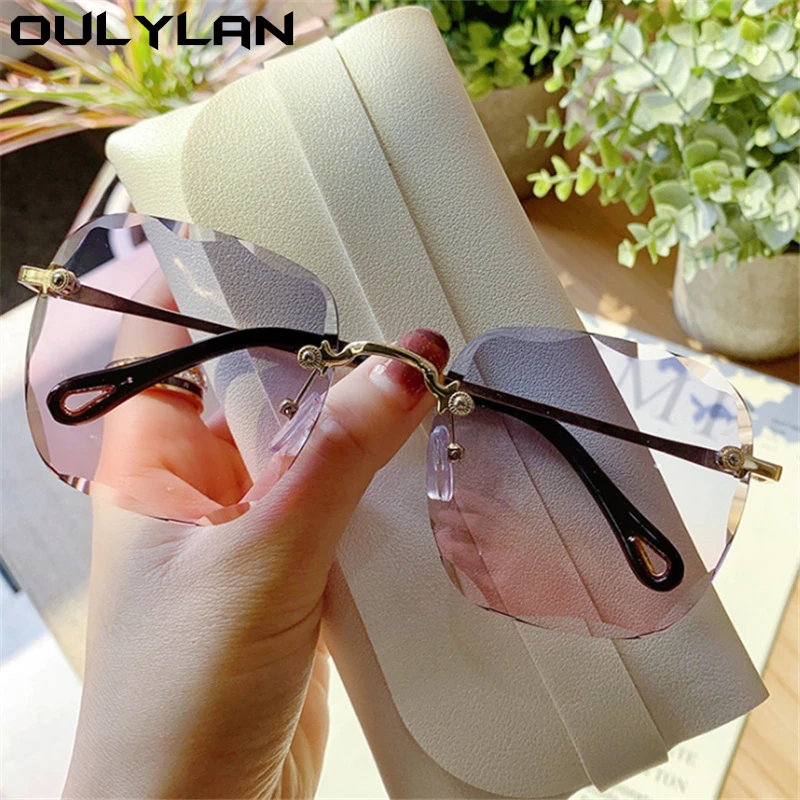 Oulylan 2021 Square Rimless Sunglasses Women Brand Design Gradient Sun Glasses Ladies Fashion Blue Pink Eyeglasses Shades UV400