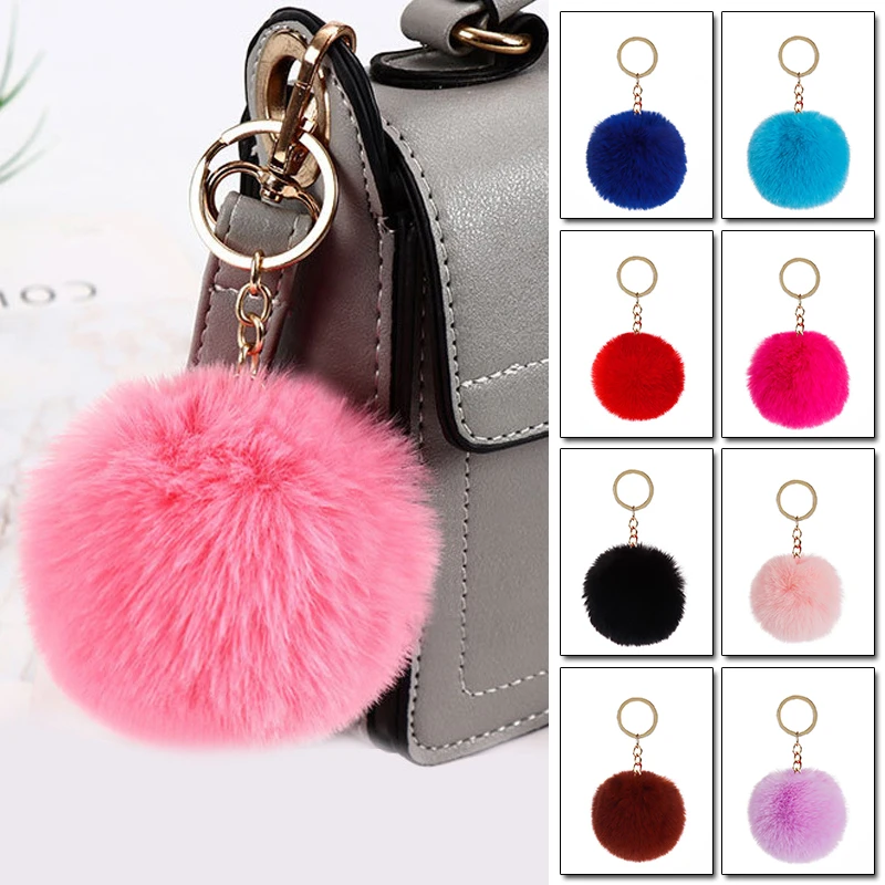 8CM Artificial Rabbit Fur Plush Key Chain Fluffy Fur Ball Pom Pom Keychain Car Bag Keychain Key Ring Pendant Jewelry Party Gift