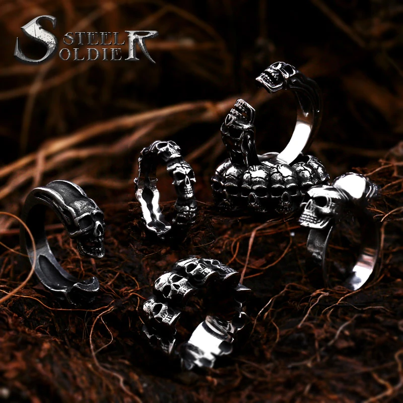 Steel soldier punk cycle skull ring stainless steel smooth punk rock biker titanium steel gift jewelry for men