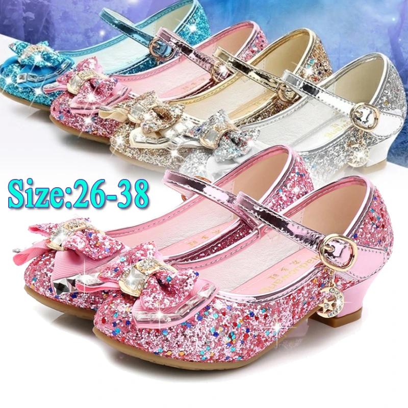Princess Kids Leather Shoes for Girls Flower Casual Glitter Children High Heel 2020 Girls Shoes Butterfly Knot Blue Pink Silver