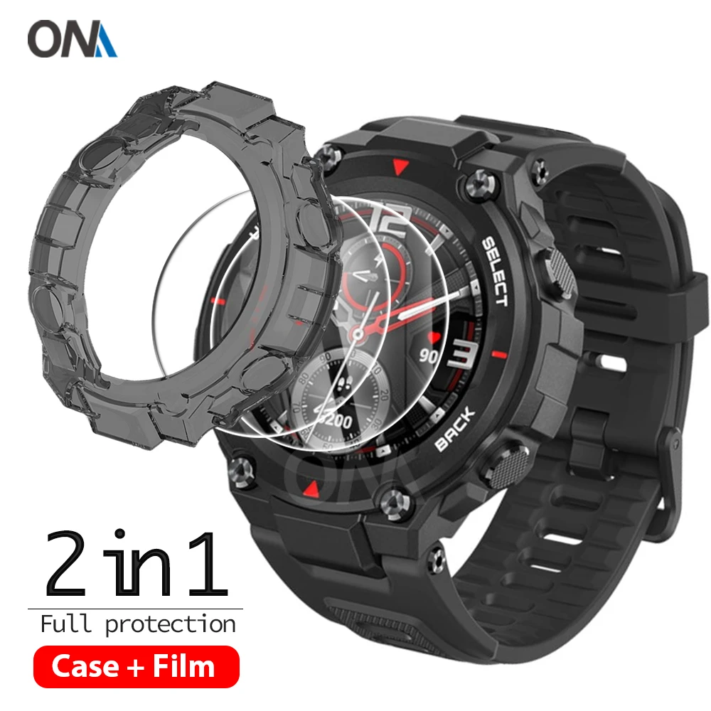 2-in-1 Protector Case + Screen Protector for Huami Amazfit T-REX Soft TPU Protective Cover Tempered Glass Film for Amazfit T-REX