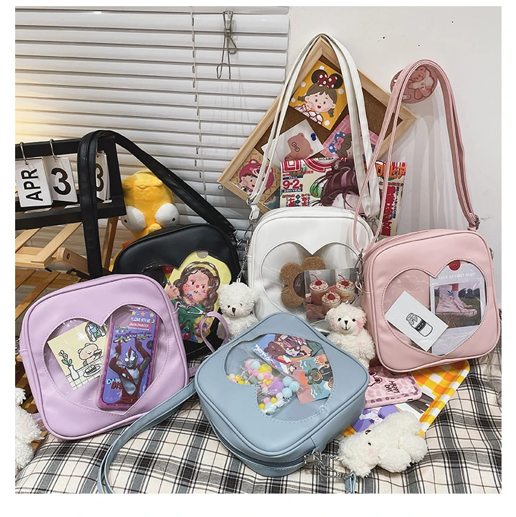 Girls Cute PU Square Bag Ladies Love Itabag Transparent Crossbody Bag Kawaii Lolita Shoulder Bag Women Japanese Ita Bag  Handbag