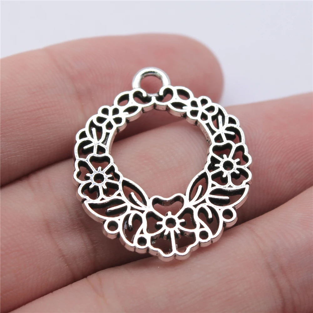 WYSIWYG 5pcs 30x25mm Antique Silver Antique Gold Color Hollow Flower Wreath Charms For Jewelry Making DIY Jewelry Findings