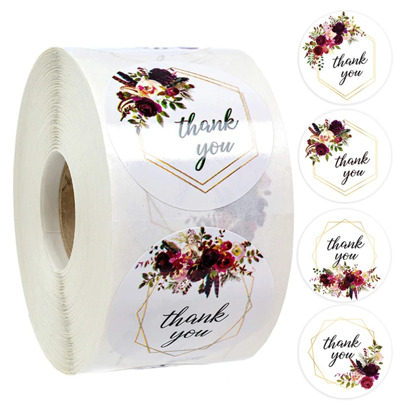 4 Design Flowers Thank You Stickers Round Scrapbook Packaging Sealing Labels Stationery Stickers 100-500pcs