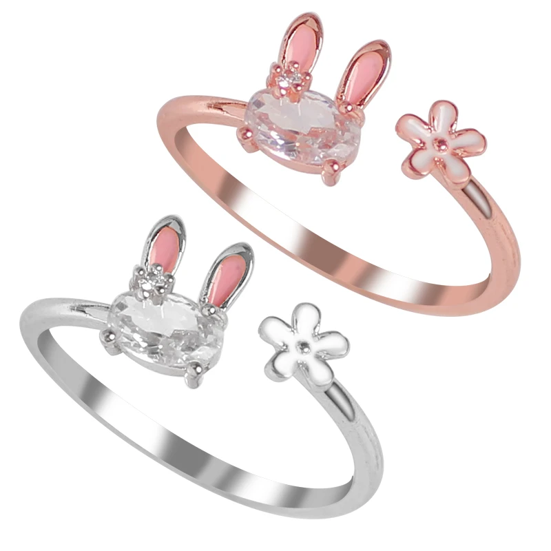 Hot Selling Fashion Jewellery Women's Ring Cute Rabbit Animal Rings Opening Adjustable Metal Ring 2021 New Pink Jewelry Gift