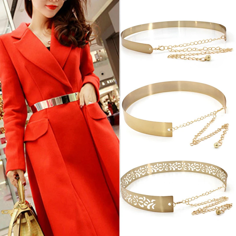 Fashion Women Adjustable Metal Waist Belt Bling Gold Silver Color Plate Vintage Lady Simple Chains Belts Mirror Waistband 2020