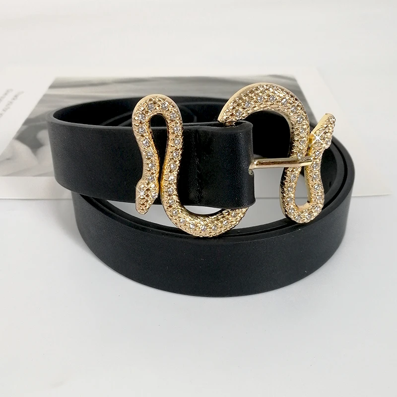 Designer belts for women high quality luxury brand shinny rhinestone snake buckle pu leather belt ladies jeans cinturon mujer