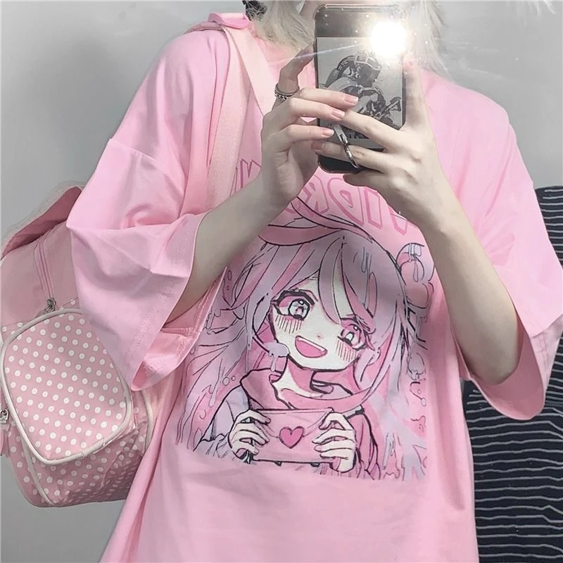 Sweet girl cute cartoon Japanese street student Harajuku pink fun kawaii casual top Ulzzang retro loose summer women's T-shirt