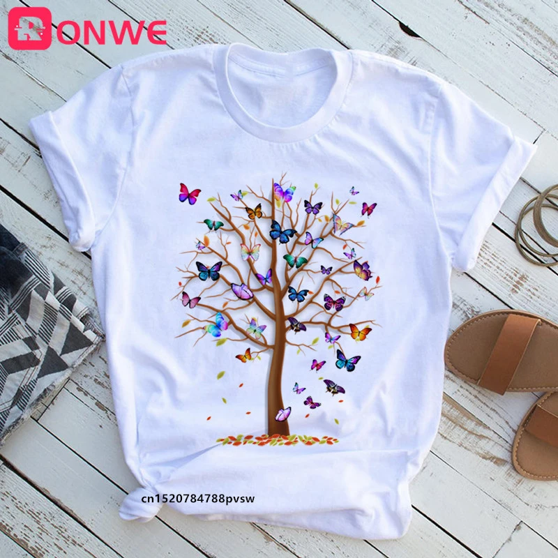 3D Butterfly Tree Print Women T-shirt Summer Casual 90s Harajuku Funny Tshirt Female Soft Short Sleeve Tops,Drop Shipping