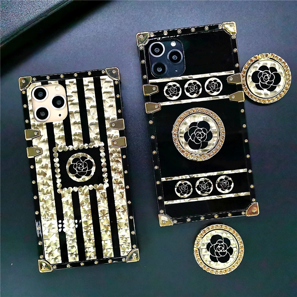 Luxury Brand Rose Flower Glitter Gold Square Case for Samsung Galaxy S20 Plus S10 S21 Note 20 Ultra 10 S9 A71 51 A12 A42 Cover