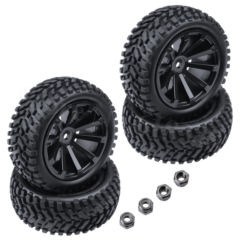 4-Pack 2.99 inch / 76mm Rubber 1:10 RC Rally Car Tires & Wheel Rims Set foam inserted M4 Locknut 12mm Hex Hub