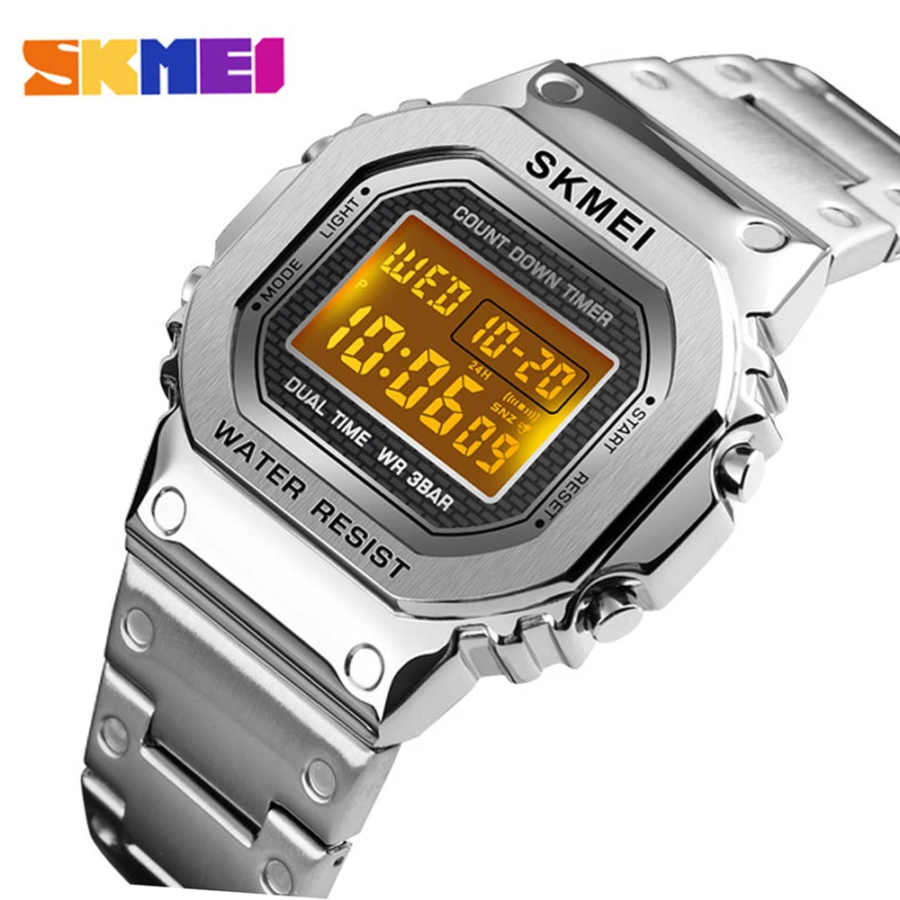 relogio skmei 1456 Men Digital Watch Stainless Steel Chronograph Countdown Wristwatch Shock LED Sprot Watch skmei montre homm