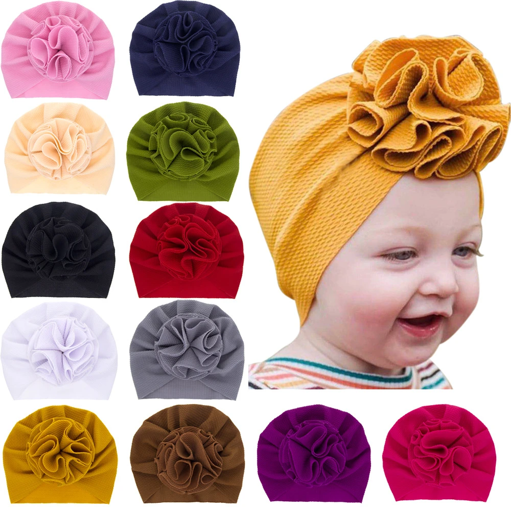 Spring Baby Girl Hat With Big Flower Soft Cotton Cloth Newborn Girl Bonnet Cap Solid Color Kids Toddler Turban Beanie Cap