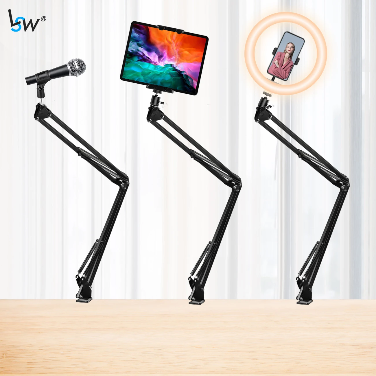 Mic Boom Desk Arm Stand with Phone Holder, Boom Suspension Stand  Adapter Clip for Microphone Smartphone Tablet Ring Light
