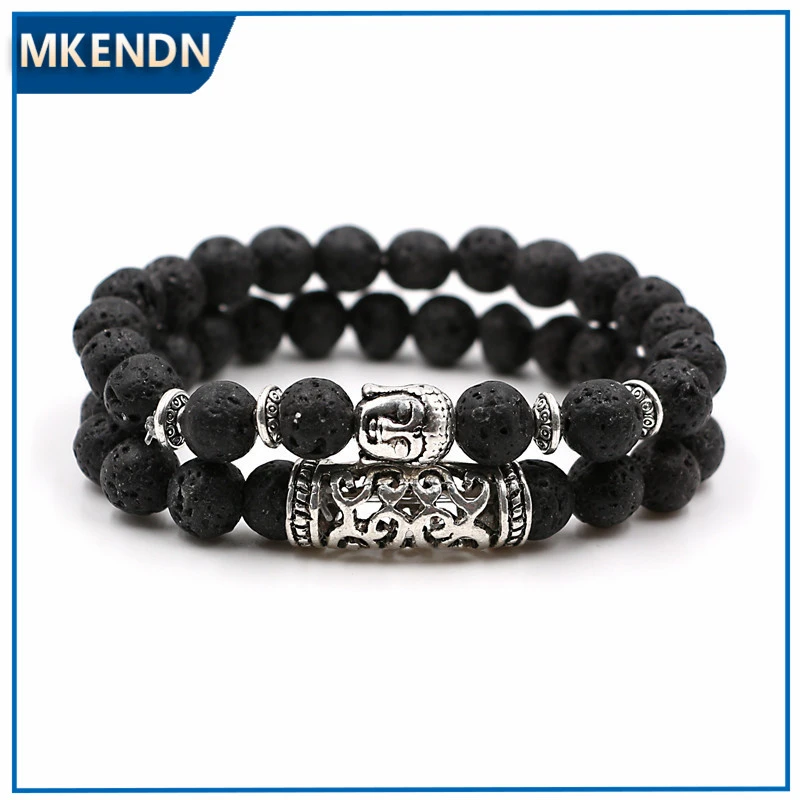MKENDN 2Pcs/Set Antique Silver Plated Buddha Head Charm with Lava Onyx Turquoises Natural Stone Beads Bracelet Set Pack For Men