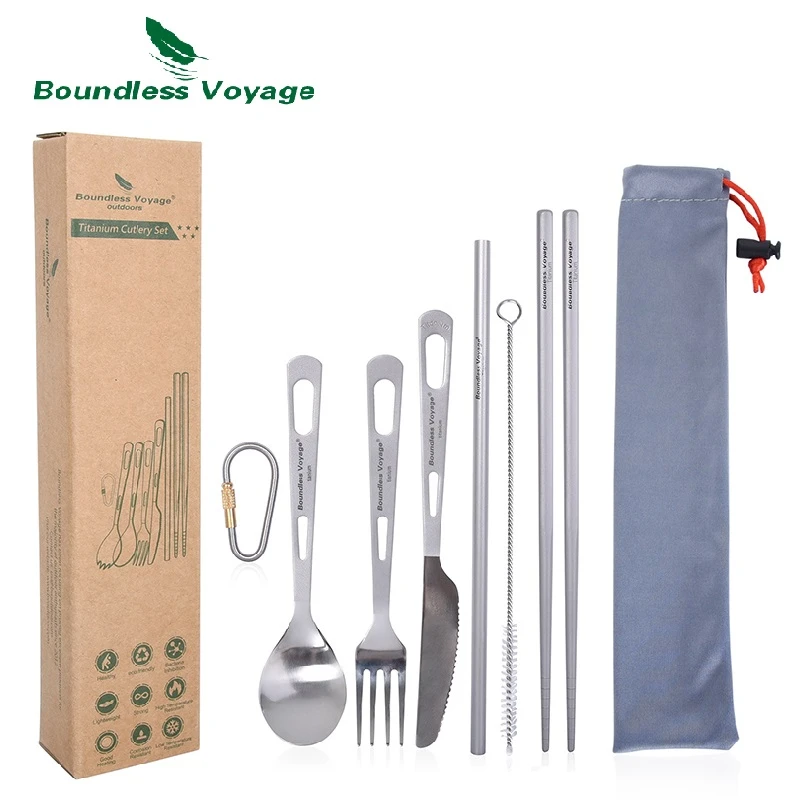 Boundless Voyage Titanium Tableware Set Spoon Fork Knife Spork Chopsticks Straw Outdoor Camping Cutlery Travel Daily Flatware