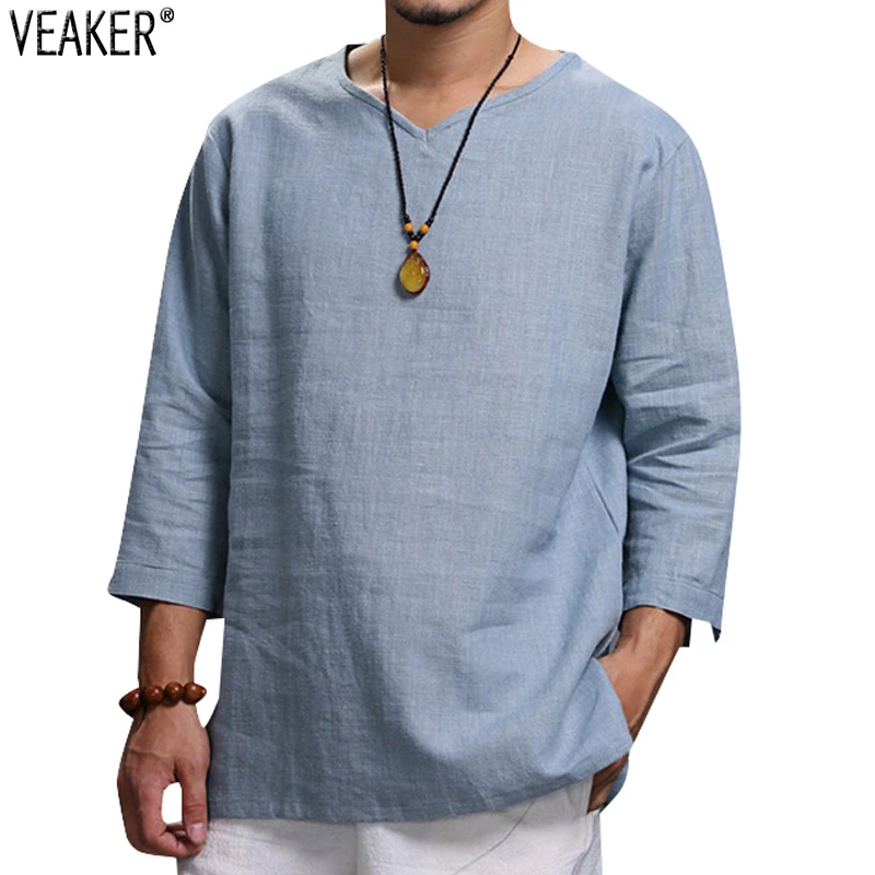2020 New Men's V Neck Cotton Linen T Shirts Male Breathable Solid Color Long Sleeve Casual Loose Linen T-Shirt Tops M-4XL