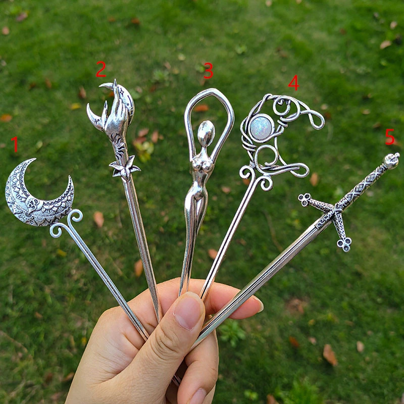 Silver Witch Hairstick Crescent Moon Goddess Sword Hairpin Wiccan Gothic Jewelry For Women Pagan Wicthcraft